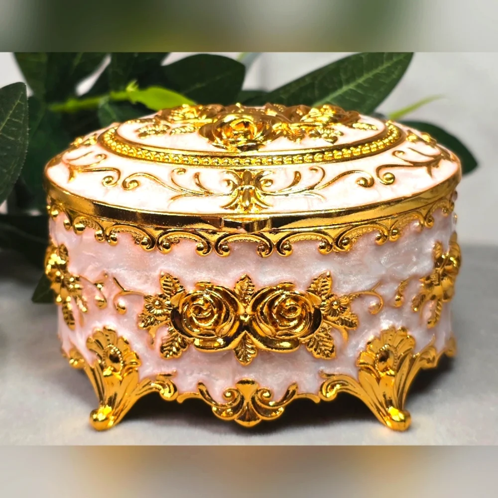 Pink and Gold European Style Vintage Enameled Trinket Box
